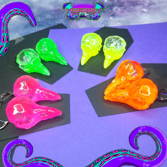 Neon 3D stylised raven skull Earring dangles